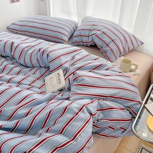 Simple Style Red And Blue Strip Duvet Cover Set Bed Sheet Set Washed Cotton Bedding Set2026