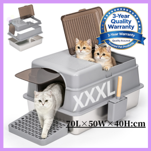 （Ready Stock）Stainless Steel Litter Box | XXL Enclosed Cat Litter Boxs with Lid for Big Cats Anti-Urine Leakage | Non-Stick Bottom & Includes Litter Mat & Metal Scoop