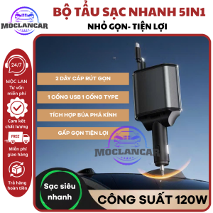 Tẩu Sạc Nhanh Ô Tô 120W 5IN1 Bộ Sạc Xe Hơi USB Type-C Tích Hợp 2 Dây Rút Gọn Và Búa Phá Kính