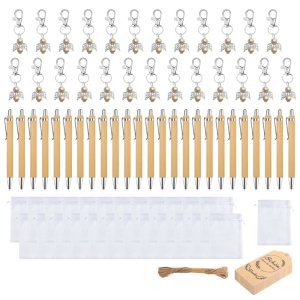 25Pcs Ballpoint Pen With Angel Charm Keychains Hanging Label and Drawstring Bag for Wedding Baby Showers Supplies