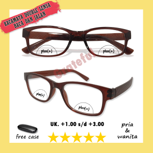 FREE CASE - Kacamata Lensa 2 fungsi kryptok untuk jalan dan baca atau normal dan plus Double Fungsi Kacamata Plus +1.00 s/d +3.00 Warna Frame Coklat Bentuk Kotak Gaya Casual UNTUK PRIA WANITA
