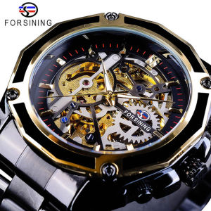 new Forsining mechanical steampunk design fashion business dress mens watch top brand luxury stainless steel automatic skeleton watch. Gifts for men