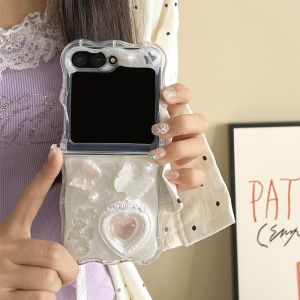 Glitter Love Heart Pearl Bracelet Case for Samsung Galaxy Z Flip 6 5 4 3 7 Butterfly Star Wrist Chain Wave Border Soft Cover