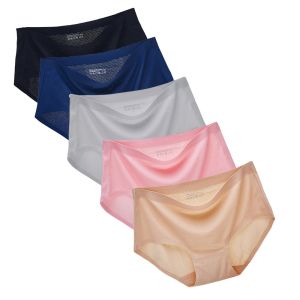 5PCS Plus Size Underwear Womens Ice Silk Seamless Middle Waist Panties Comfortable Underpants Female Briefs M-XXL