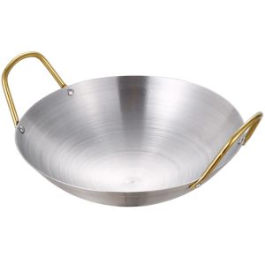 FLAMEWILLOW Stainless Steel Dry Pots Korean with Two Golden Handles Soup Pan Durable Round Bottom Saucepan Picnic