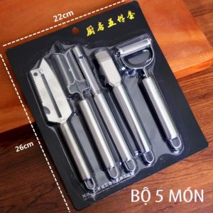 Bộ dao bếp 5 món bằng thép không gỉ kích thước 22cm x 26cm bao gồm dao cắt dao gọt dao bào dao tỉa và dao cắt lát phù hợp cho việc chuẩn bị thực phẩm trong nhà bếp.