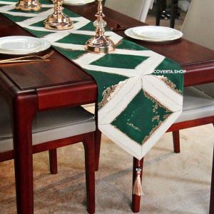 Taplak Meja Tamu Aesthetic Motif Diamond Hijau | Table Runner Alas Meja Makan
