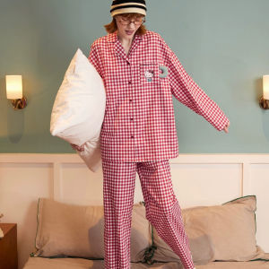 Korean Chill Soft Cotton Womens Casual Plaid Kitty Print Pajama Set- Breathable Wearable Loungewear