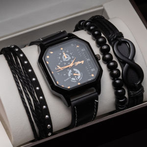 Mens 4PCS Watch Set Fashion Casual Stainless Steel Three-dial Quartz Watch Free Bracelet&Gift Box - Perfect Gift For Him