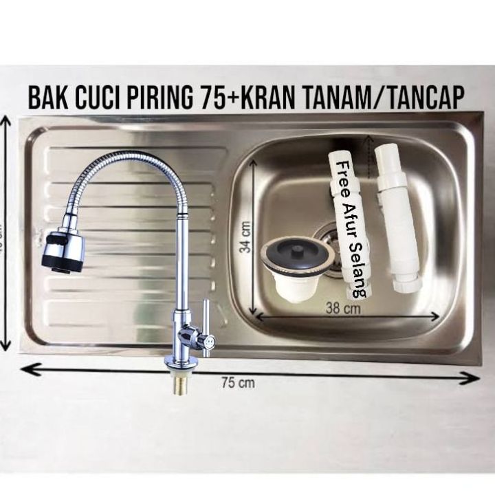 Wastafel Sink Dapur / Bak Cuci Piring Ukuran 75x40 Plus Kran Tanam/Tancap Drat 1/2inch