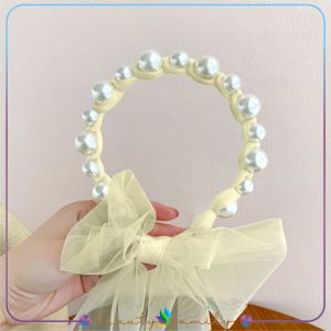 BF-C935 Bandana Mutiara Pita Tulle Panjang Bisa diikat Wanita Korea / Bando Mutiara Tali Kepang Ribbon Pearl / Bando Anak Perempuan / Bando Tali Kepang Import
