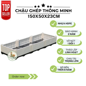 Chậu ghép HDPE Chậu trồng rau Chậu trồng hoa kích thước 150x50x23cm mầu Ghi- Trắng
