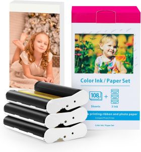 Compatible Canon Selphy CP1300 Ink and Paper KP-108IN 4x6 Inch Photo Paper Glossy for Selphy CP1500 CP1300 CP1200 CP1000 CP910 CP900 Photo Printers 108 Sheets Photo Paper and 3 Color Ink Cartridges