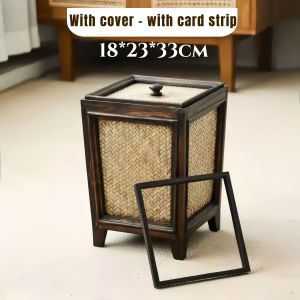 Handwoven Rattan Woven Bamboo Covered Trash Can Real Wood Storage Bucket for Kitchen Living Room