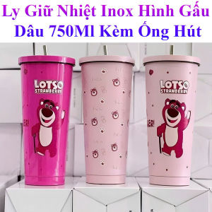 Ly Giữ Nhiệt Inox Hình Gấu Dâu 750Ml Kèm Ống Hút Inox 21.5X10Cm