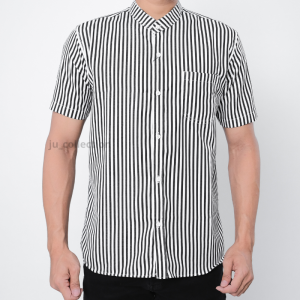 Kemeja Salur Lengan Pendek Pria Kerah Sanghai Kemeja Ganjar Tegak lurus Hitam Putih Size M L XL 2XL 4XL 6XL 8XL JU029