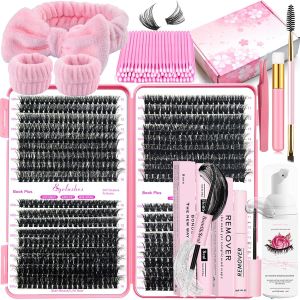 DNSGOOR DIY Lash Extension Kit 590Pcs 9-18mm D Curl Lashes Clusters with Lash Bond and Seal Glue Remover Lash Shampoo Cleansing Brush Headband Wristband Tweezers Eyelash Brush Applicator