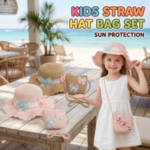 Perfect Mom and Baby Kids Straw Sun Hat And Bag Set Breathable Bow UV Protection Beach Travel For Girls Age 2 8