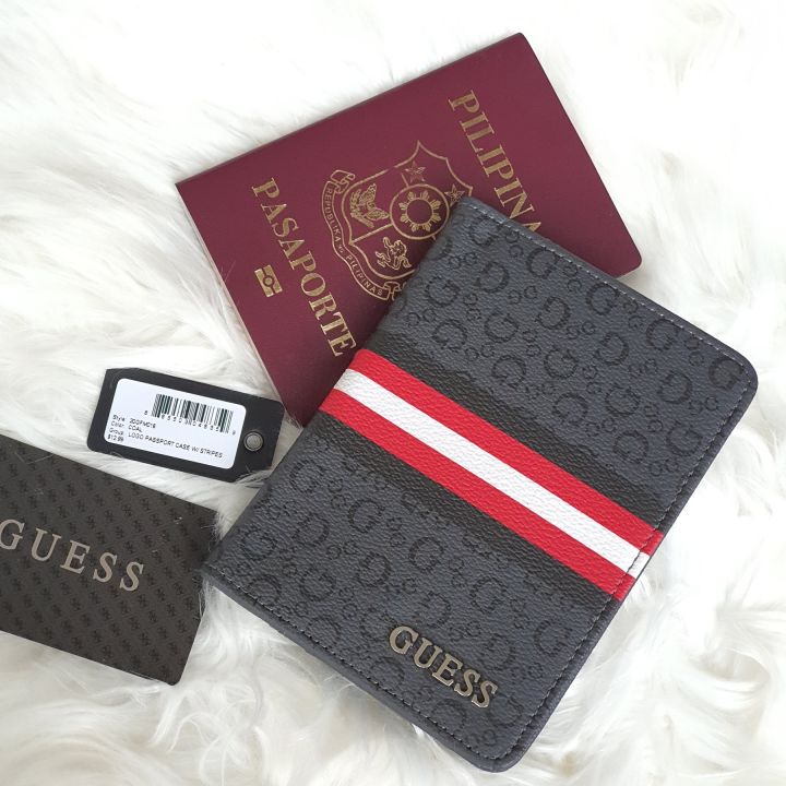 Guess Slim Bifold in Signature Coated Canvas with Varsity Stripes Black Unisex Passport Case