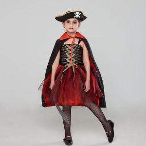 11.11 Halloween Carnival Pirate Dress Up For Children Layered Breathable Mesh Tutu Dress With Cape And Hat Swashbuckling Style Outfit h2610