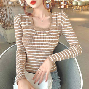 AJWShop [XW] Atasan Rajut Lengan Panjang Wanita Premium Import Salur Garis Garis | Baju Rajut Wanita Lengan Panjang Import Korean Style Square Neck Kerah U | Kaos Rajut Wanita Lengan Panjang Premium Import | Baju Import Wanita Bangkok