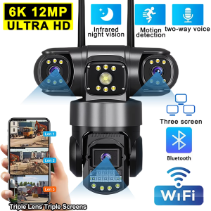 6K 12MP สามเลนส์ PTZ กล้อง IP กลางแจ้งสามหน้าจอ WiFi HD กล้องวงจรปิดสมาร์ทโฮมติดตามความปลอดภัย