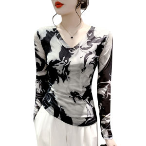 REHIN แขนยาวพิมพ์ลายตาข่ายแฟชั่นแบบใหม่ในฤดูใบไม้ร่วงคอวีสลิมฟิตชั้นในสตรี บอดี้สูทหญิง