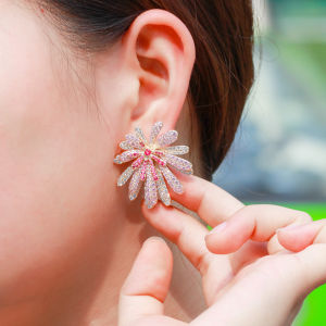 Dazzling Gold Plated Pink Daisy Women Large Stud Earrings Paved AAA Cubic Zirconia Wedding Jewelry for Brides SE414