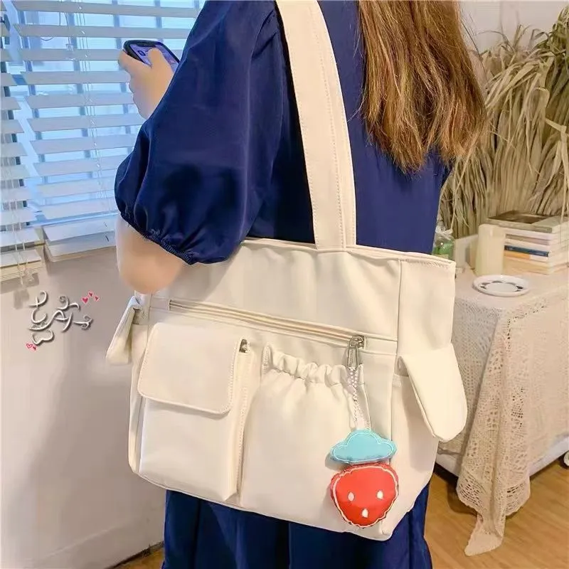 Double Pockets Korean New Fashion Canvas Tote Bag Casual Shoulder