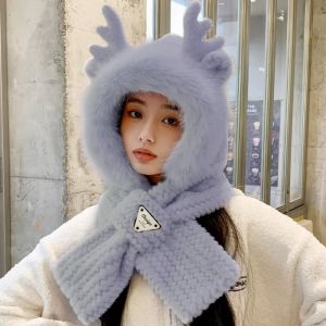 THANKSKY ขนสัตว์นุ่มๆ ผ้าพันคอมีหมวกสำหรับผู้หญิง ไม้กางเขนแบบไขว้ กวางเขากวาง ผ้าพันคอหมวกชิ้นเดียว น่ารักน่ารักๆ กันลม หมวกป้องกันหู ผ้าพันคอผ้าพันคอผ้าพันคอ