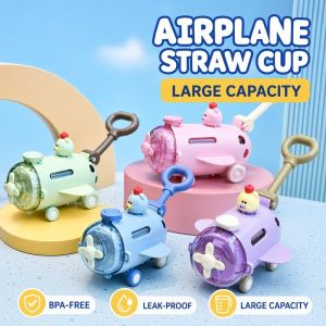 Kids Water Bottle Straw Cup Airplane Train Cartoon Leakproof Large Capacity Portable Outdoor