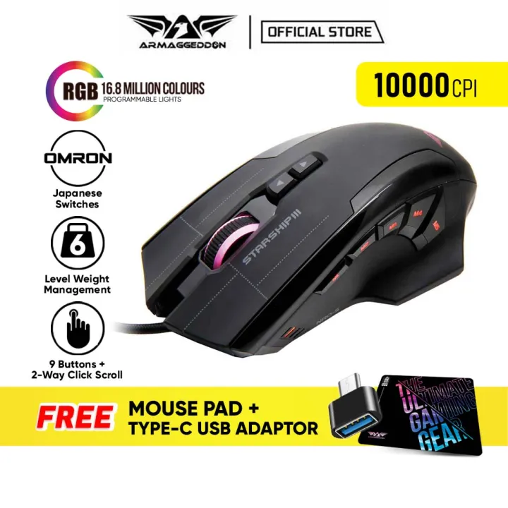 Armaggeddon Starship 3 Gaming Mouse 10000 CPI | Weight Management | Free MouseMat + USB C Converter