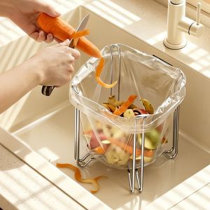 BAGUO(霸果) Foldable Trash Bag Holder Portable 304 Stainless Steel Garbage Bag Rack Durable Wide Opening Waste Bag Support Stand Kitchen Countertop