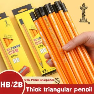 2B/HB Thick Triangular Pencils for Kids 12Pcs Wood Pencils with Sharpener Student Writing Supplies Yellow Pencils