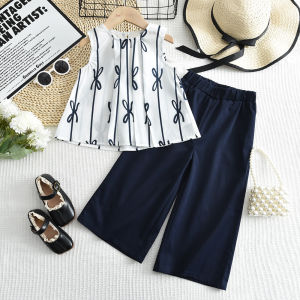 Bear Leader 3 To 7 Years Baby Girls Clothes Sets New Bow Stripes Sleeveless Tops and Navy Blue Wideleg Pants 2 Pieces Suits for Kids Clothing Outfits Summer Casual Wear