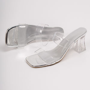 [Free Shipping] Size 34 Transparent Strap High-Heeled Sandals For Women 2026 Summer New Style Square Toe Large Size Crystal Heel Outdoor Wear