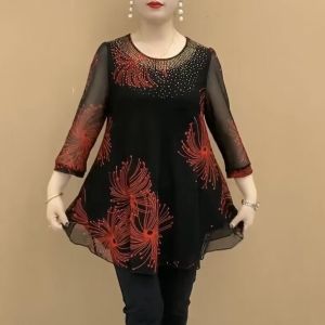 WOU&EY High Quality Women Plus Size Blouse Floral Mesh Blouse for Women Mid-length Double Layered Shirt with Colorful Print Blouse