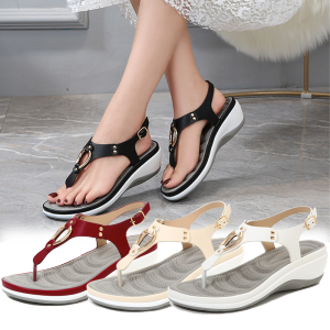 36-43 Fashion Wedge Heel Sandals for Women Clip Toe Rubber Sole Metal Decoration Casual Womens Shoes Buckle Mid-heel Ladies Shoes Office Wear Basic Sandals On Sale