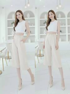 New Arrival กางเกง5ส่วนผ้าโซดา ความยาว30" เอวสูงพิเศษ รุ่นตะขอหน้า หูคู่เข็มขัด ทรงกระบอกสวยหรูสุภาพ