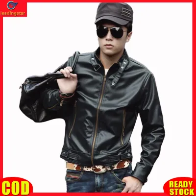 LeadingStar RC Authentic Motorcycle Jacket For Men Slim Fit Stand Collar PU Leather Jacket Long Sleeves Windproof Outwear Coat