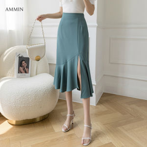 AMMIN Womens 2021 summer new elasticated high-waist skirt ruffled mermaid skirt split skirt long skirt mid-length chiffon female half skirt