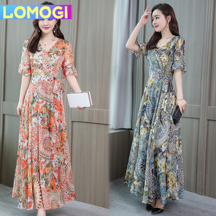 LOMOGI Women's Maxi Dress Summer Floral Print Flower V Neck Short