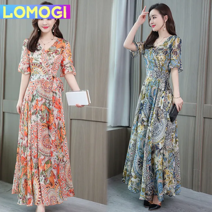 LOMOGI Women's Maxi Dress Summer Floral Print Flower V Neck Short