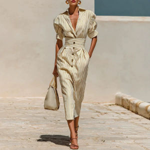 Vintage Vertical Stripe Shirt Dress Women Turn Down Collar Puff Sleeve High Waist Dress Belted Button Pocket Resort Travel Dress2026