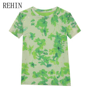 REHIN Summer Fashion Mesh green leaves Printing Short Sleeve T-shirt Round Neck Slim Fit Elegant Womens top