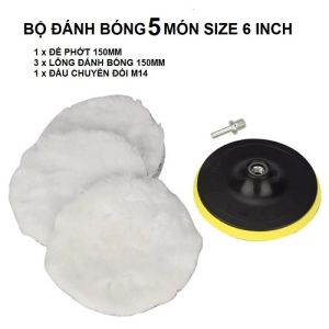 Bộ Dụng Cụ Đánh Bóng 5 Món Size 6 In (15cm) Gồm 1 Phớt +3 Lông Đánh +1 Cốt M14 Gắn Máy Cầm Tay Đánh Bóng Xe Vật Dụng