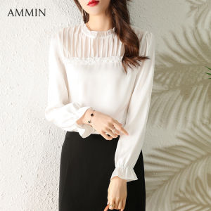 AMMIN Áo Voan Dài Tay Cổ Tròn Ren Uốn Nếp Mùa Xuân 2022 Áo Kiểu Nữ Phong Cách Hàn Quốc Xếp Li Thiết Kế Khâu Lưới Ngọt Ngào Và Thanh Lịch Áo Ins Nữ