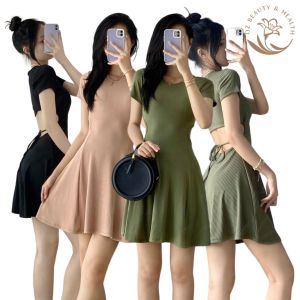 (Free Size) Womens High-Quality Summer Mini Dress - Backless Short Sleeve Casual Korean Style (Black Moss Green Dark Green Pink Nude)