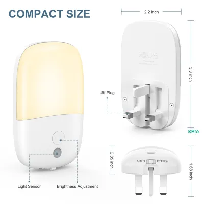 ORIA Plug-in Night Light 2PCS Dimmable LED Night Lamp with Dusk to Dawn Auto ON/OFF Lighting Sensor Soft Eye-protective Wall Light for Bedroom Stairs Hallway Basement