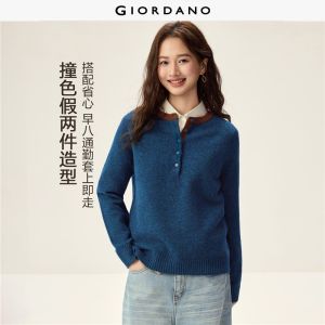 GIORDANO Women Sweaters Contrast Henley Neck Sweaters Half Placket Raglan Sleeve Fashionable Casual Relaxed Sweaters 13356632
